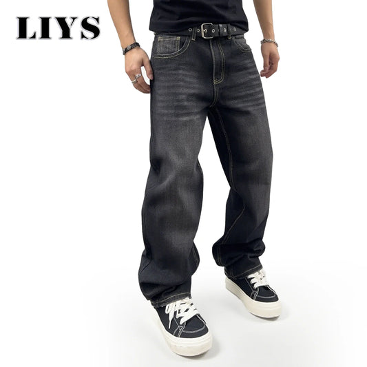 Baggy Straight Leg Jeans Men – Black Washed Retro Denim Pants