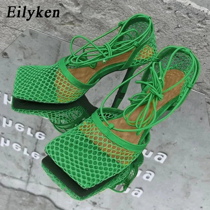 Eilyken Mesh Stiletto Sandals – Square Toe Lace-Up Heels for Women