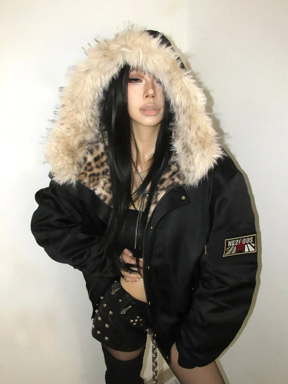Harajuku Retro Oversized Jacket – Plush Fur Hood Leopard Lining
