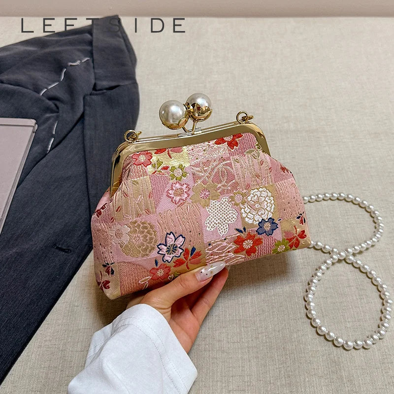 Floral Embroidery Kiss-Lock Shoulder Bag with Pearl Chain