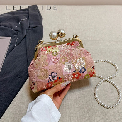 Floral Embroidery Kiss-Lock Shoulder Bag with Pearl Chain