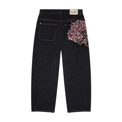 Y2K Floral Embroidered Wide Leg Jeans – Women's Retro Goth Streetwear Denim