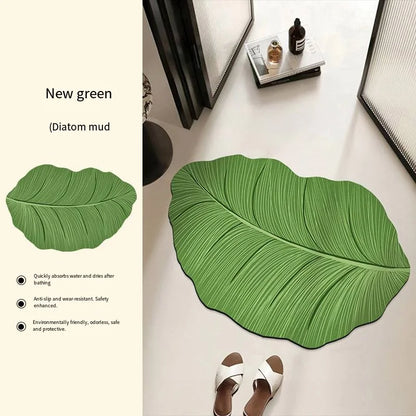 Green Leaf Shaped Bathroom Mat – Absorbent Anti-Slip Diatom Mud Floor Mat