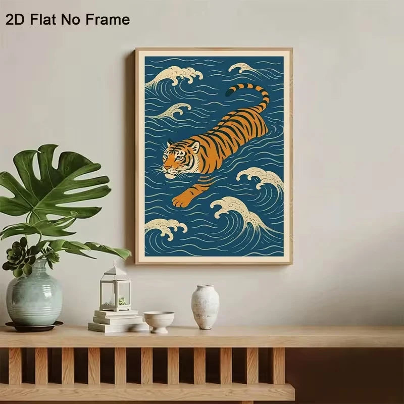Swimming Tiger Wall Art Print – Japanese Wave Poster
