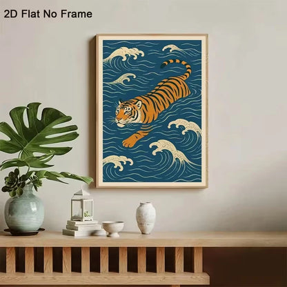 Swimming Tiger Wall Art Print – Japanese Wave Poster