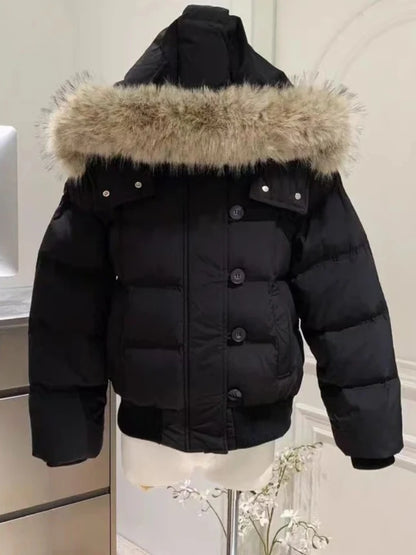 Women's Hooded Puffer Coat – Faux Fur Collar Winter Jacket