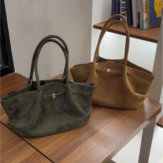 Retro Faux Suede Matte Tote Bag Women Ruffled Large Capacity