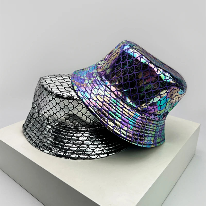 Holographic PU Leather Bucket Hat – Reflective Unisex Fisherman Cap