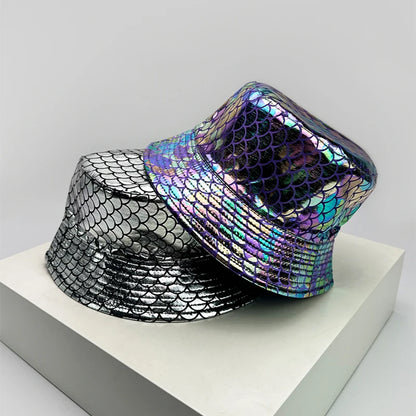 Holographic PU Leather Bucket Hat – Reflective Unisex Fisherman Cap