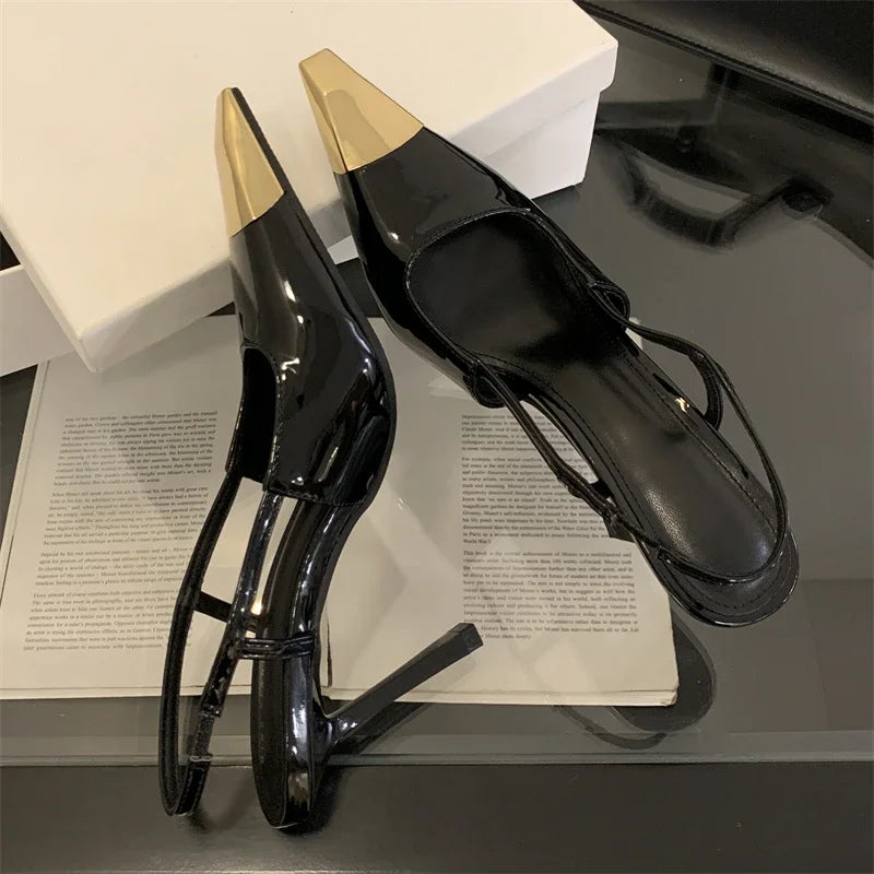 Pointed Toe Slingback Pumps Women Stiletto Heels Metal Toe Cap