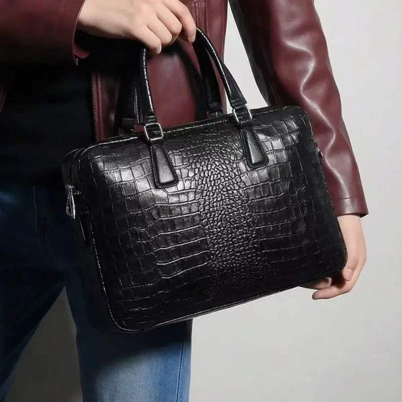Men's Genuine Leather Briefcase – Crocodile Embossed Laptop Bag