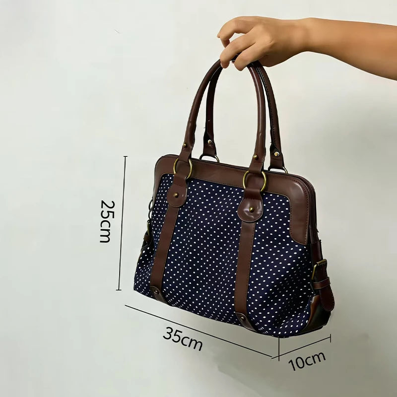 Vintage Polka Dot Tote Bag Women Preppy Style Large Capacity Handbag