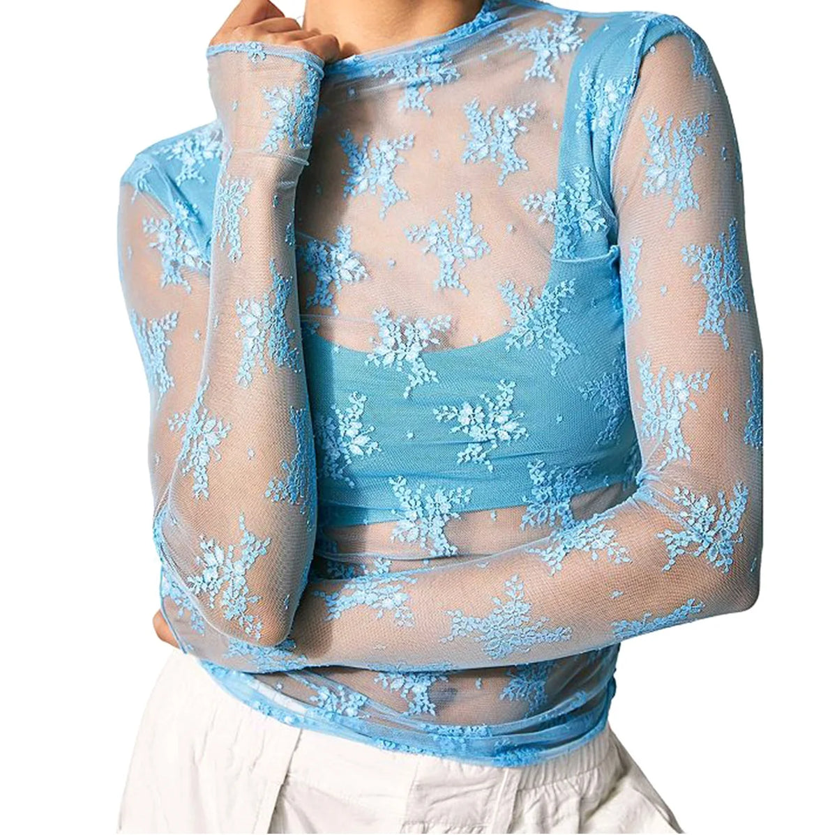 Sheer Mesh Floral Top Women Long Sleeve Crew Neck Slim Fit Pullover