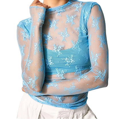 Sheer Mesh Floral Top Women Long Sleeve Crew Neck Slim Fit Pullover