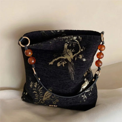 Vintage Landscape Embroidery Black Handbag