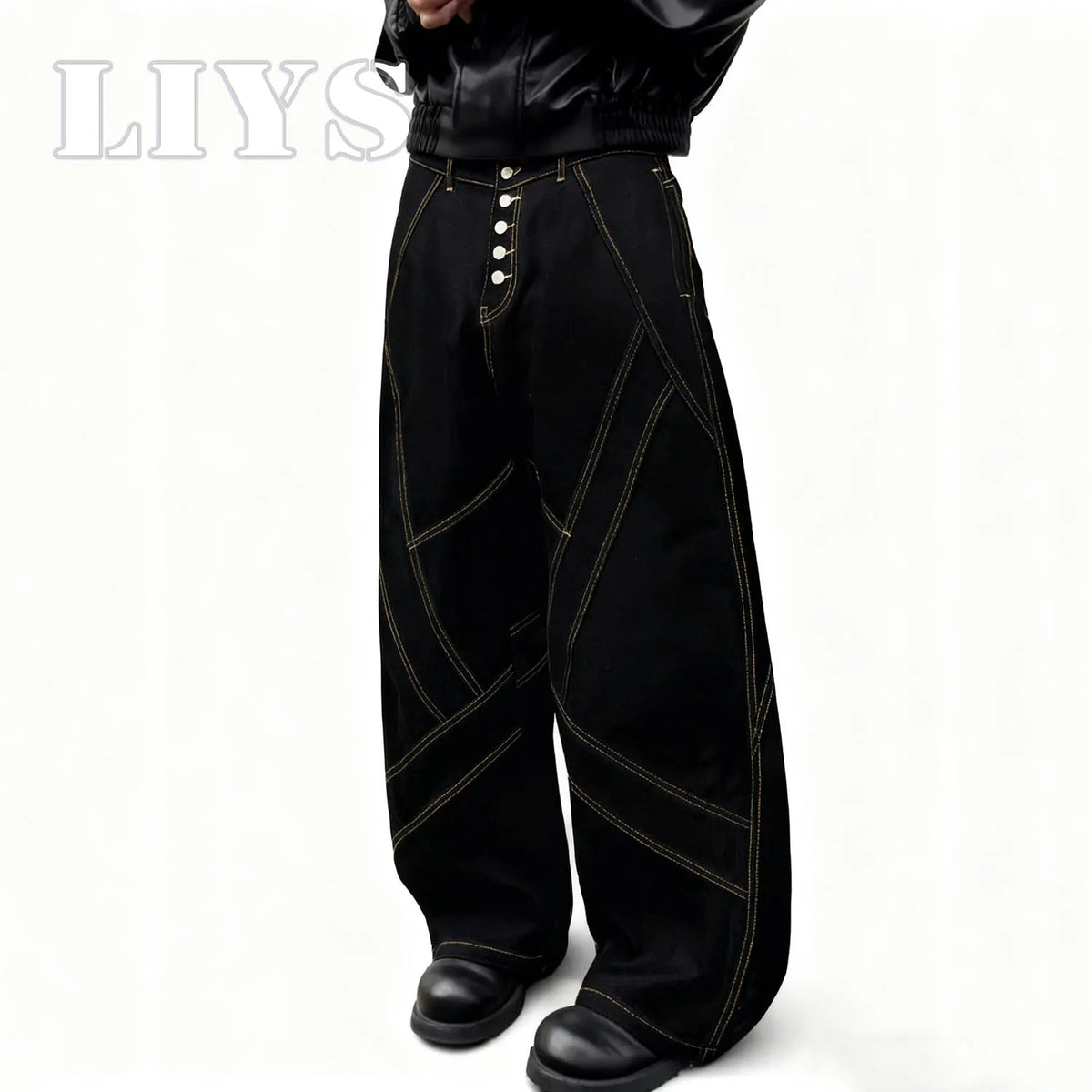 Gold Geometric Stitch Baggy Wide Leg Black Jeans – Unisex Streetwear Denim