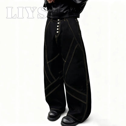 Gold Geometric Stitch Baggy Wide Leg Black Jeans – Unisex Streetwear Denim