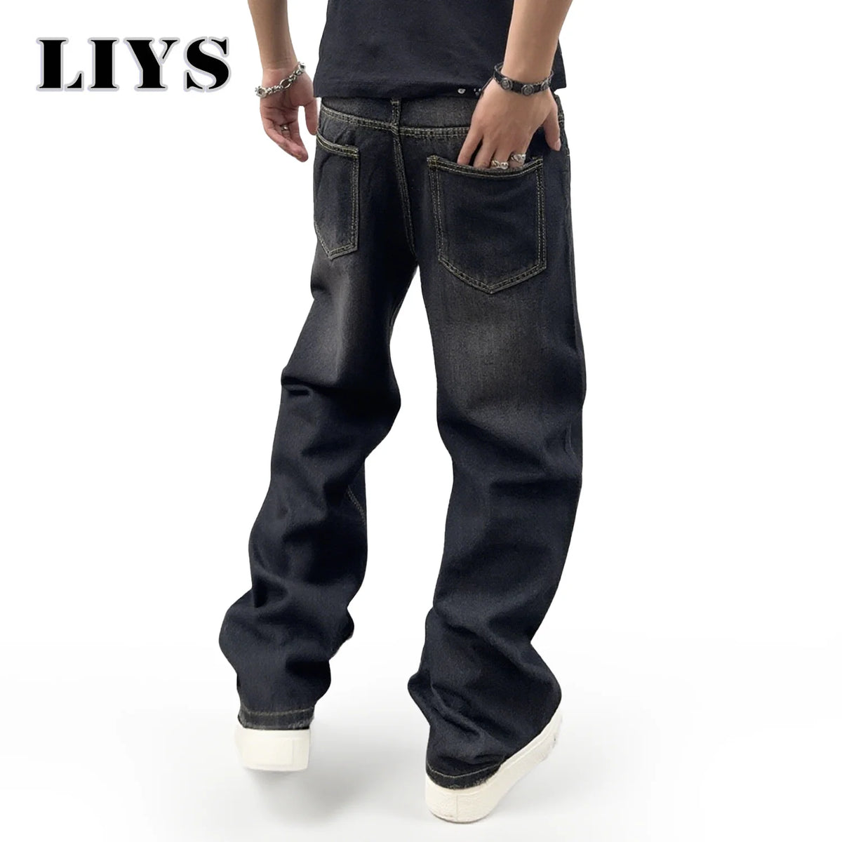 Baggy Straight Leg Jeans Men – Black Washed Retro Denim Pants