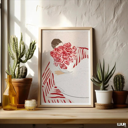 Feminine Floral Wall Art Print – Woman with Roses Minimalist Poster