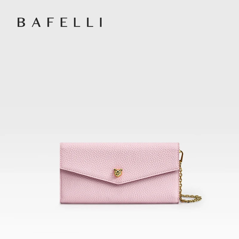 Leather Chain Wallet Bag – Long Envelope Clutch with Cat Clasp