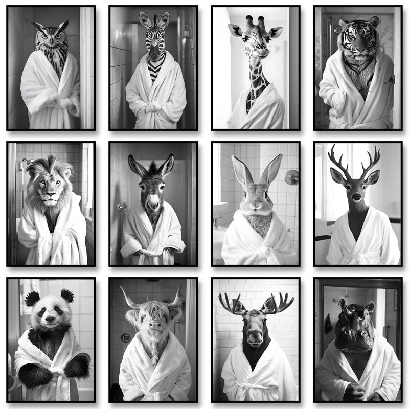 Funny Animal Bathroom Wall Art Poster – Quirky Wildlife in Bathrobe Print