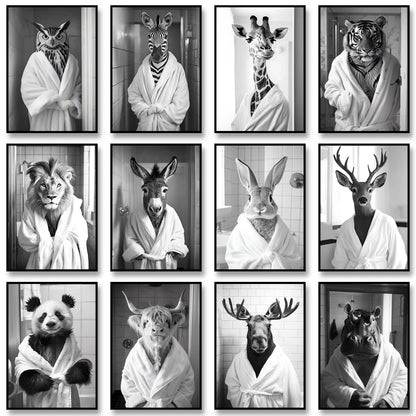 Funny Animal Bathroom Wall Art Poster – Quirky Wildlife in Bathrobe Print