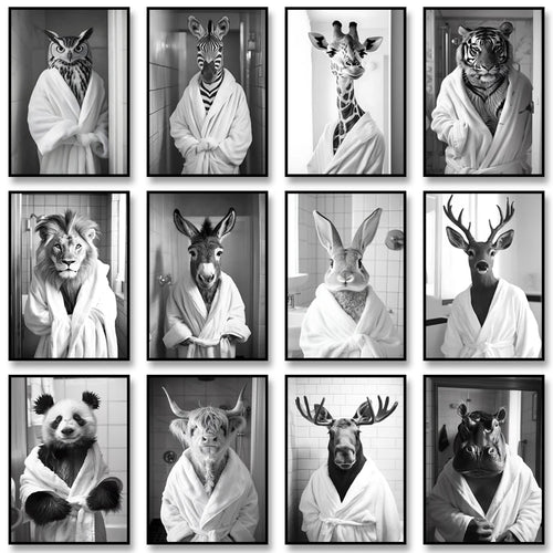 Funny Animal Bathroom Wall Art Poster – Quirky Wildlife in Bathrobe Print