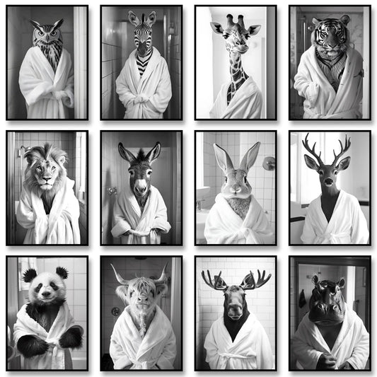 Funny Animal Bathroom Wall Art Poster – Quirky Wildlife in Bathrobe Print