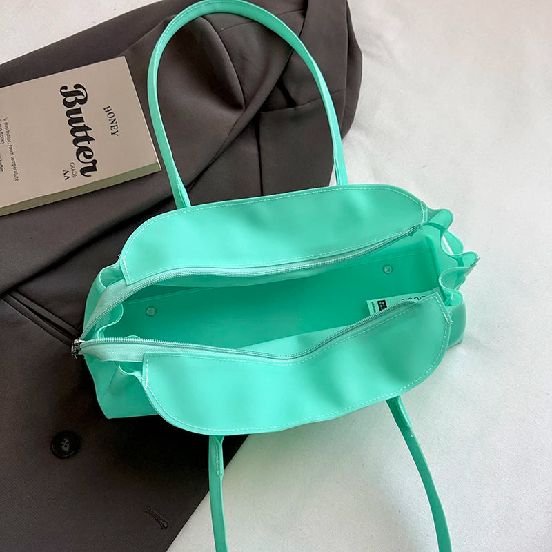 PVC Shoulder Bag for Women – Solid Color Mini Tote Handbag
