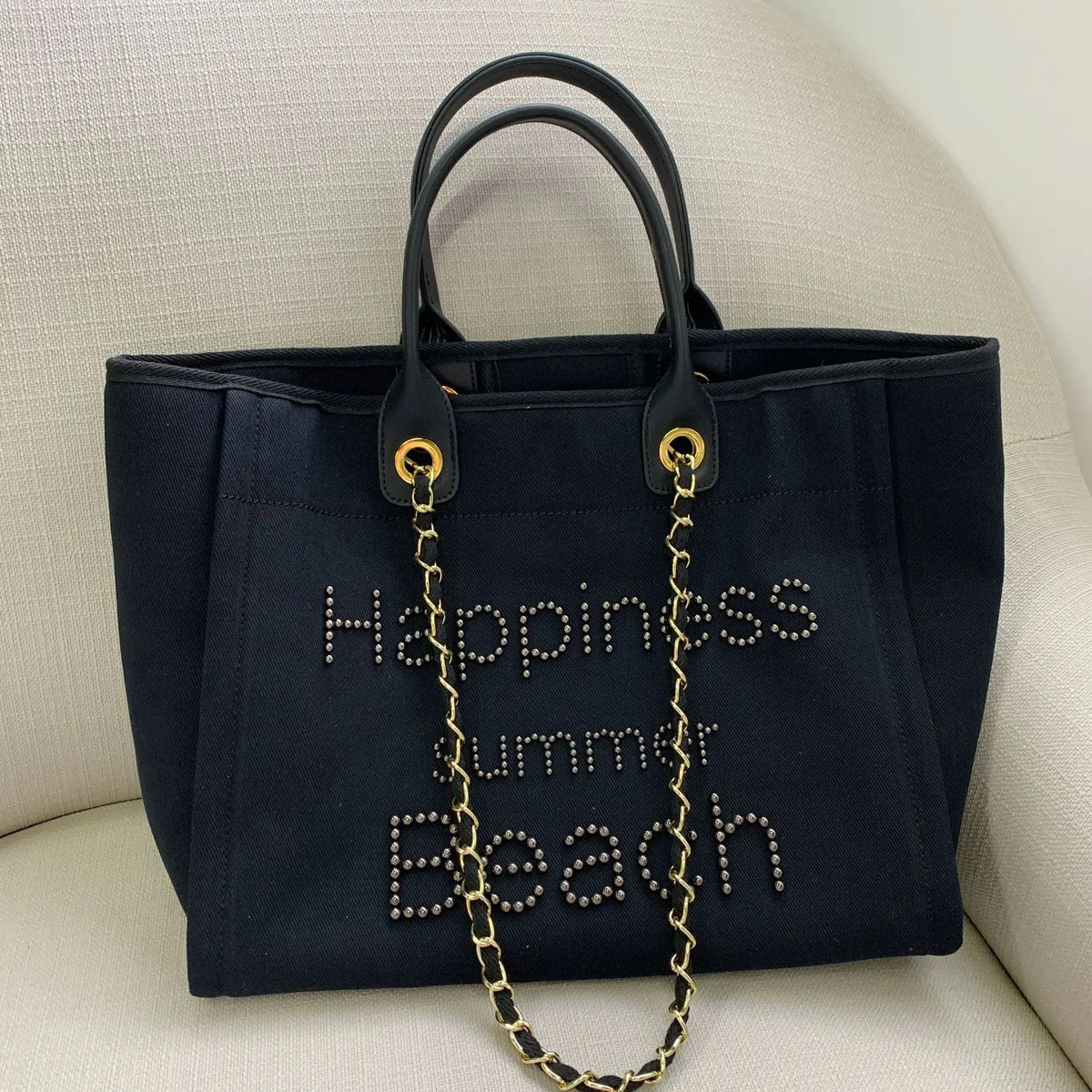 Large Canvas Tote Bag with Chain Strap & Leather Handles for Women