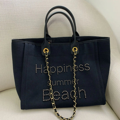 Large Canvas Tote Bag with Chain Strap & Leather Handles for Women