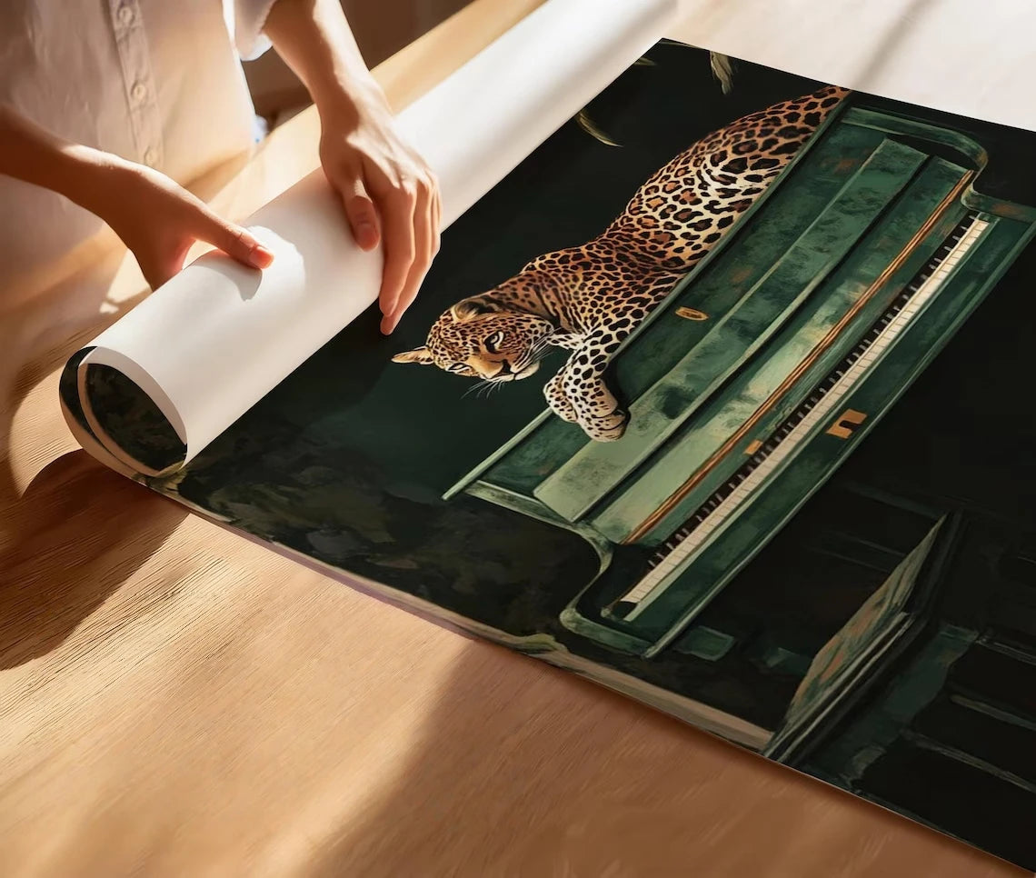 Leopard on Green Piano Canvas Print – Maximalist Jungle Wall Art