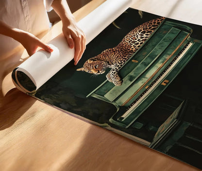 Leopard on Green Piano Canvas Print – Maximalist Jungle Wall Art