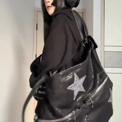 Star Black Large Capacity Tote Bag Women Hot Girls Beading Y2k Shoulder