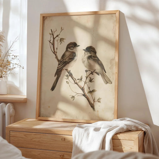 Vintage Botanical Birds Wall Art Print – Neutral Nature Poster