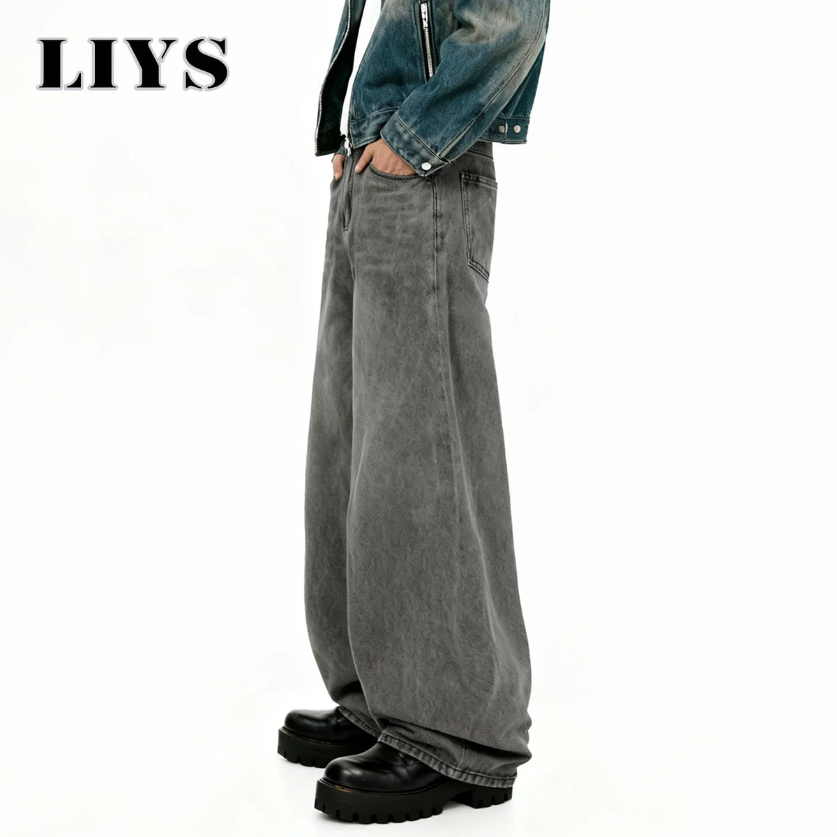 Retro Baggy Wide Leg Gray Washed Jeans – Men's Casual Straight Denim