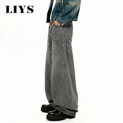 Retro Baggy Wide Leg Gray Washed Jeans – Men's Casual Straight Denim