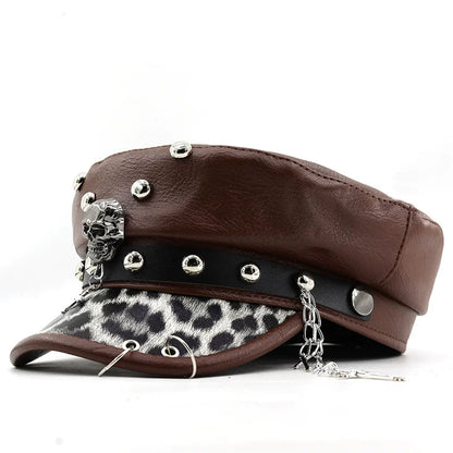 Punk Skull Military Cap – Women's Y2K PU Leather Flat Top Hat with Rivets & Chain
