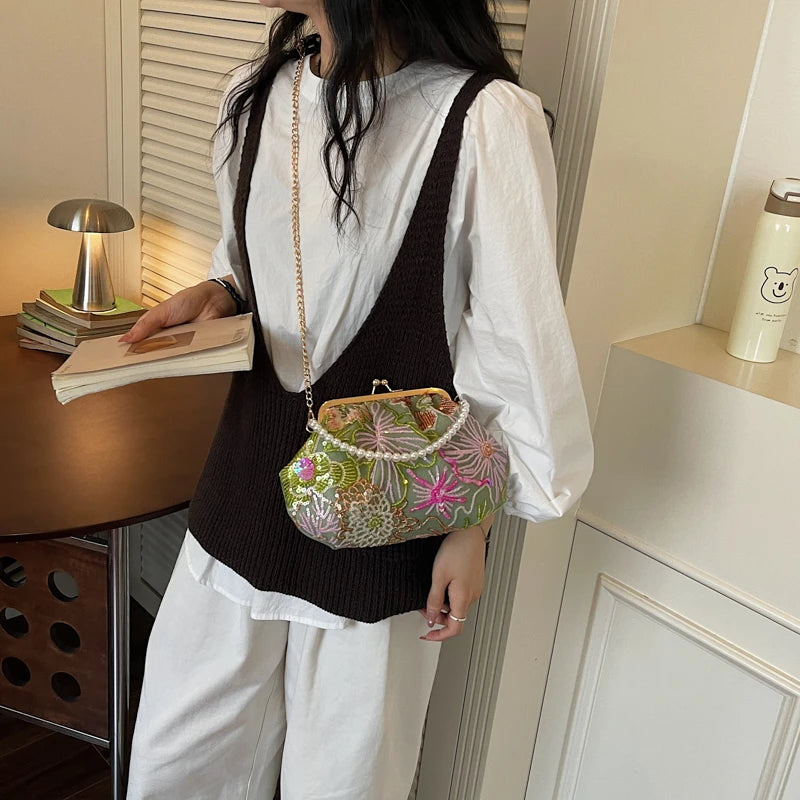 Sequin Floral Embroidered Handbag with Pearl Handle & Chain