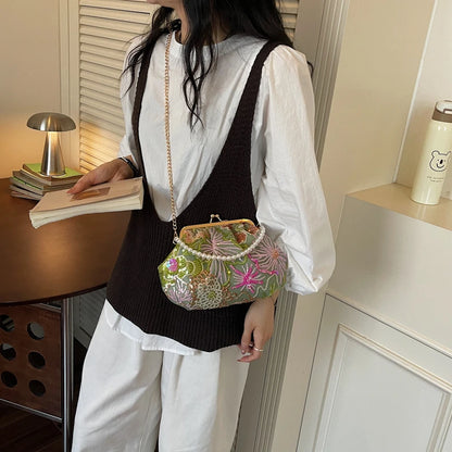 Sequin Floral Embroidered Handbag with Pearl Handle & Chain