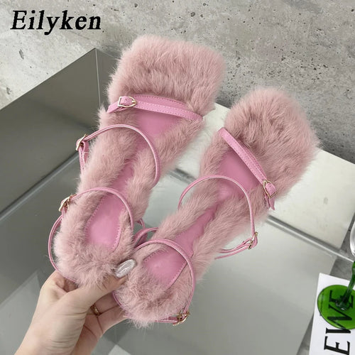 Fuzzy Fur Heeled Sandals for Women – Buckle Strap Square Toe