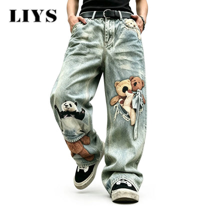 Panda & Teddy Bear Print Wide Leg Jeans – LIYS Streetwear