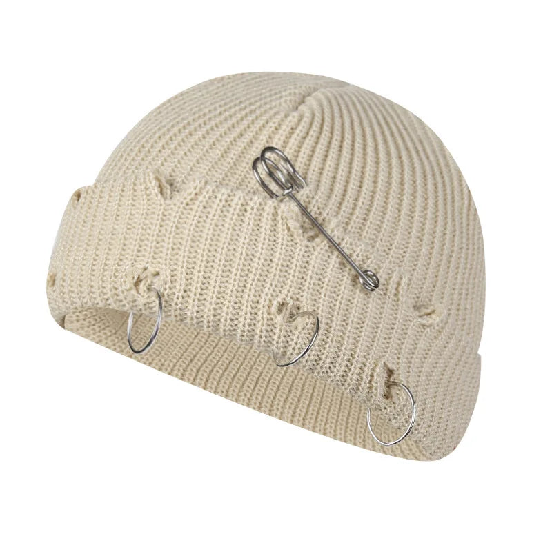 Gothic Punk Knitted Beanie – Y2K Unisex Skull Cap with Pins