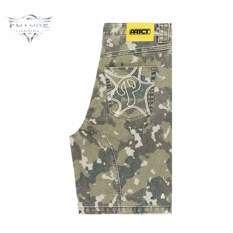 Mens Denim Shorts Vintage Camo Embroidery Protect Streetwear Harajuku Unisex Loose Fit Washed Five