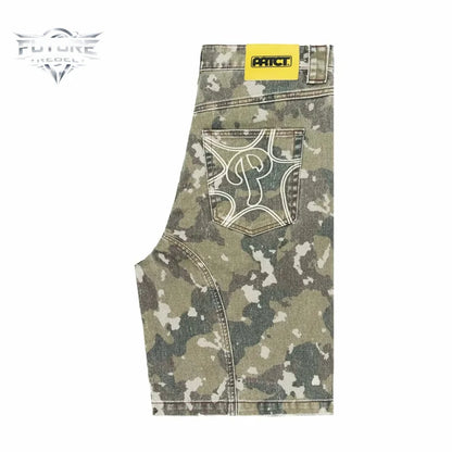 Mens Denim Shorts Vintage Camo Embroidery Protect Streetwear Harajuku Unisex Loose Fit Washed Five