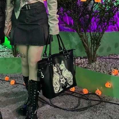 Large Capacity Black Tote Bag Women High Street Lolita Gothic Leather
