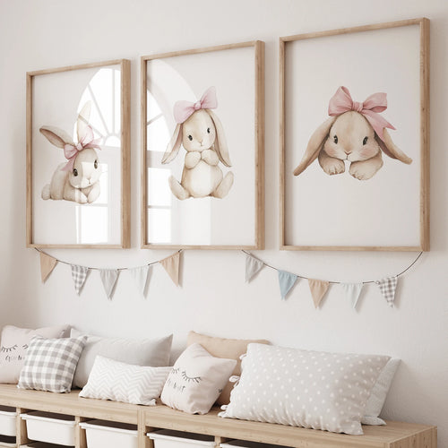 Pink Bow Bunny Wall Art Print – Kids Room Nursery Poster