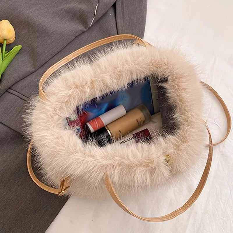 Faux Fur Tote Bag Women's Bucket Plush Luxury Design Ladies Handbags
