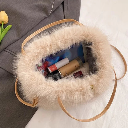 Faux Fur Tote Bag Women's Bucket Plush Luxury Design Ladies Handbags