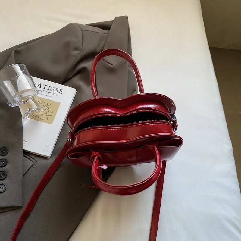 Heart-Shaped PU Leather Crossbody Bag for Women – Y2K Bow Shoulder Bag